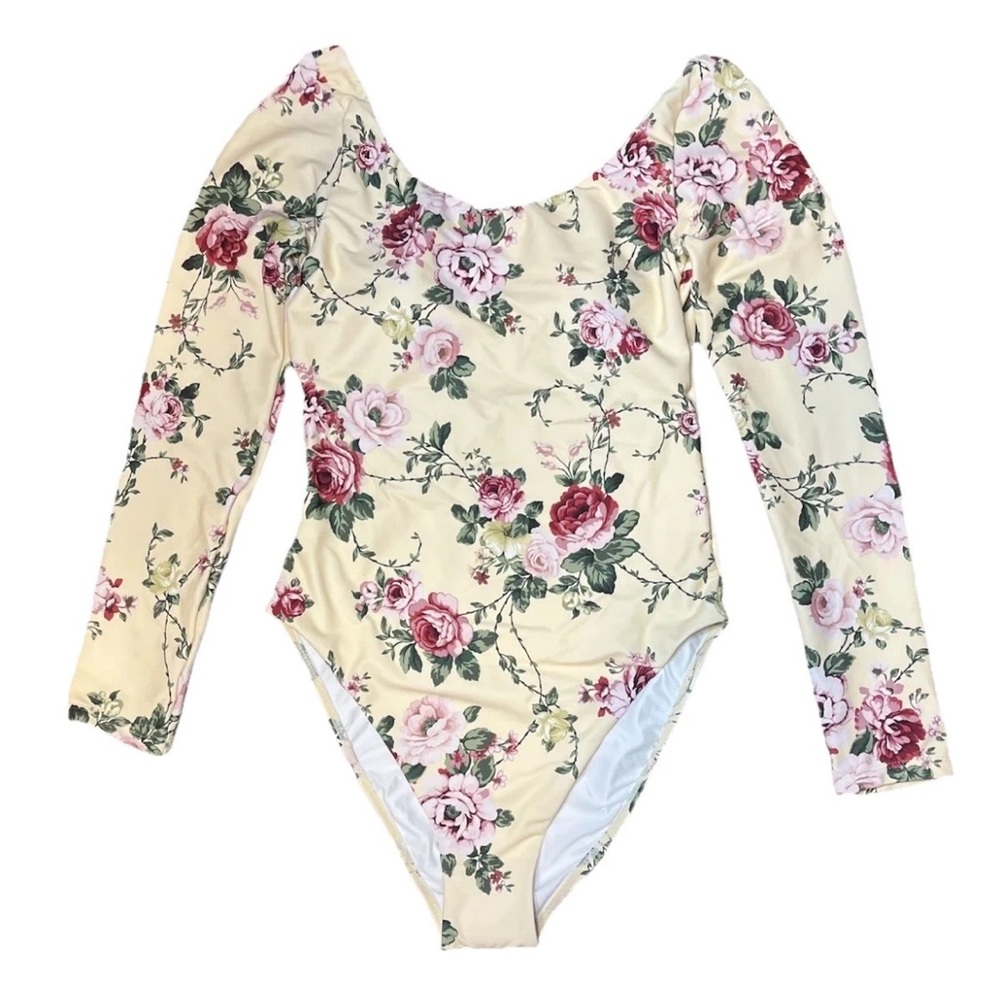 ANTONIO MELANI Cream Floral Long Sleeve One-Piece Swimsuit